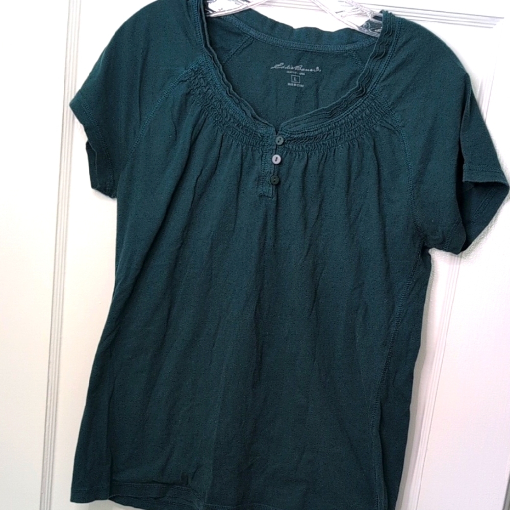 Eddie Bauer Women's Green Henley Short Sleeve Size L